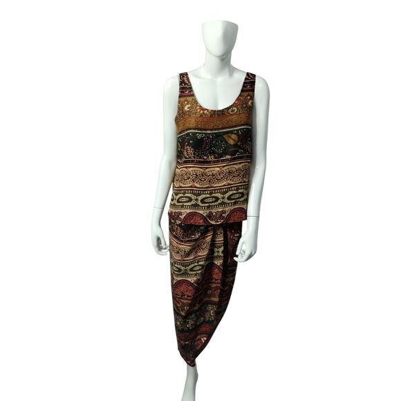 Vintage EXPRESS Champagne Inter 100% Silk Women's Hippie Bohemian Top & Skirt - Picture 6 of 11